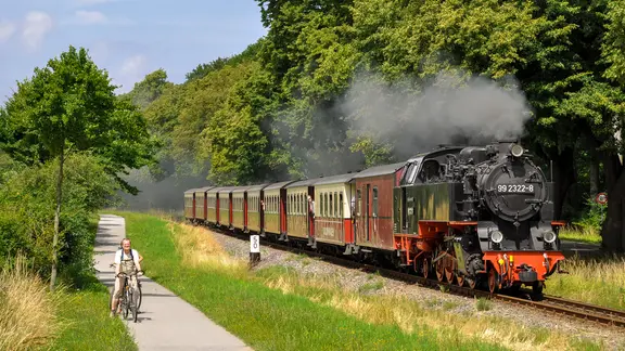 Die Bäderbahn Molli in Fahrt, daneben ein Radfahrer. | MBB Molli GmbH Die Bäderbahn Molli in Fahrt, daneben ein Radfahrer.