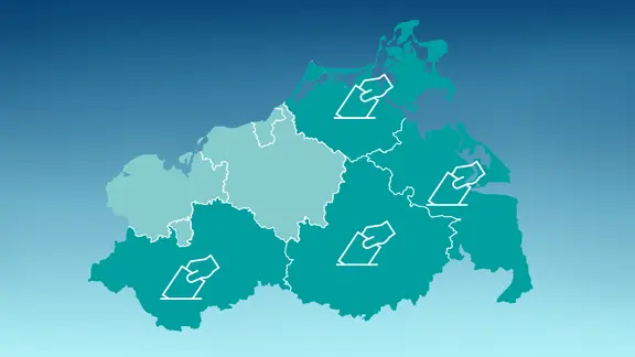 Die Umrisse des Landes Mecklenburg-Vorpommern, darin farblich hervorgehoben Symbole, die das Thema Wahl verdeutlichen.