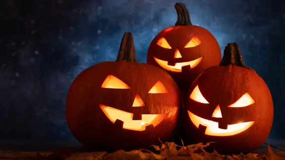 Ursprünglich wurden die Laternen aus ausgehöhlten Rüben hergestellt, erst später wurden in den USA Kürbisse dafür benutzt. | Colourbox, Evgeny Karandaev Drei gruselig leuchtende Halloween-Kürbisse.