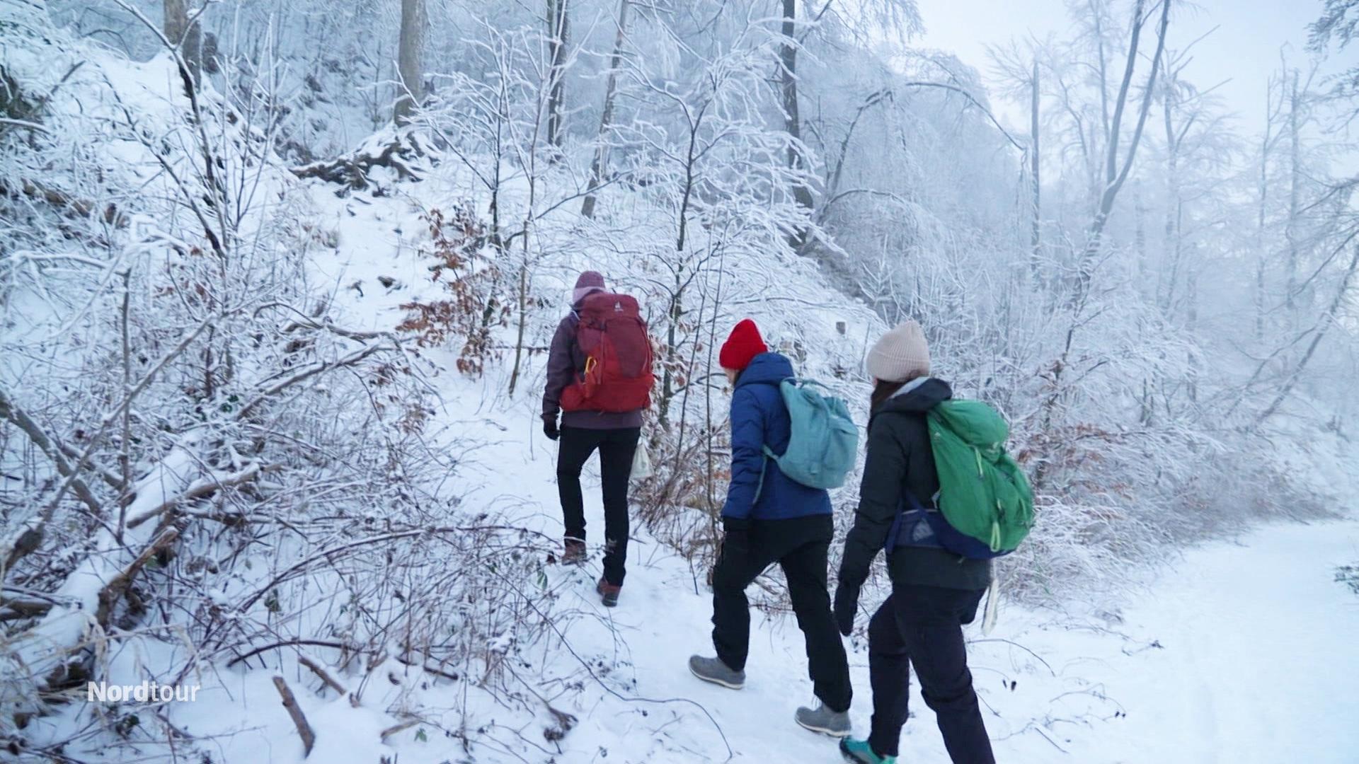 Drei Frauen wandern durch eine verschneite Waldlandschaft.  | Screenshot