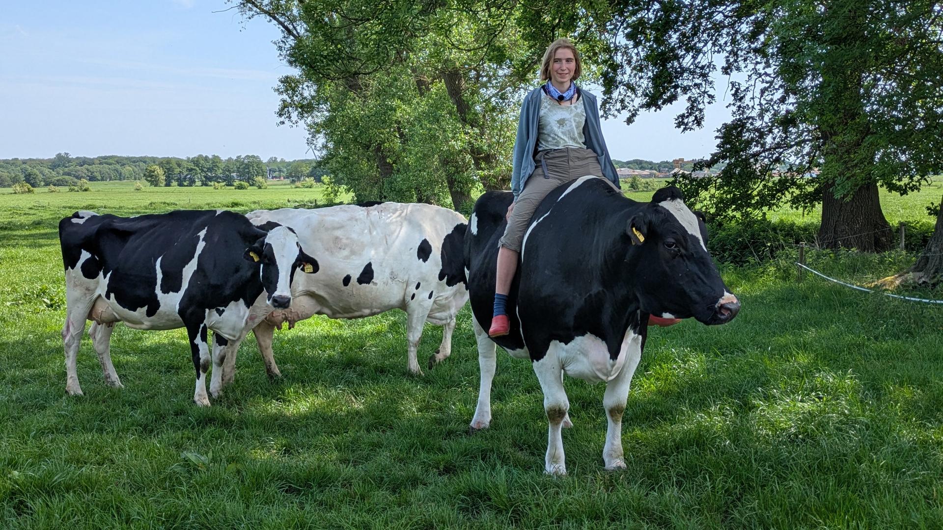 Berit Diers aus Oldenburg reitet im Grünen auf Kuh 