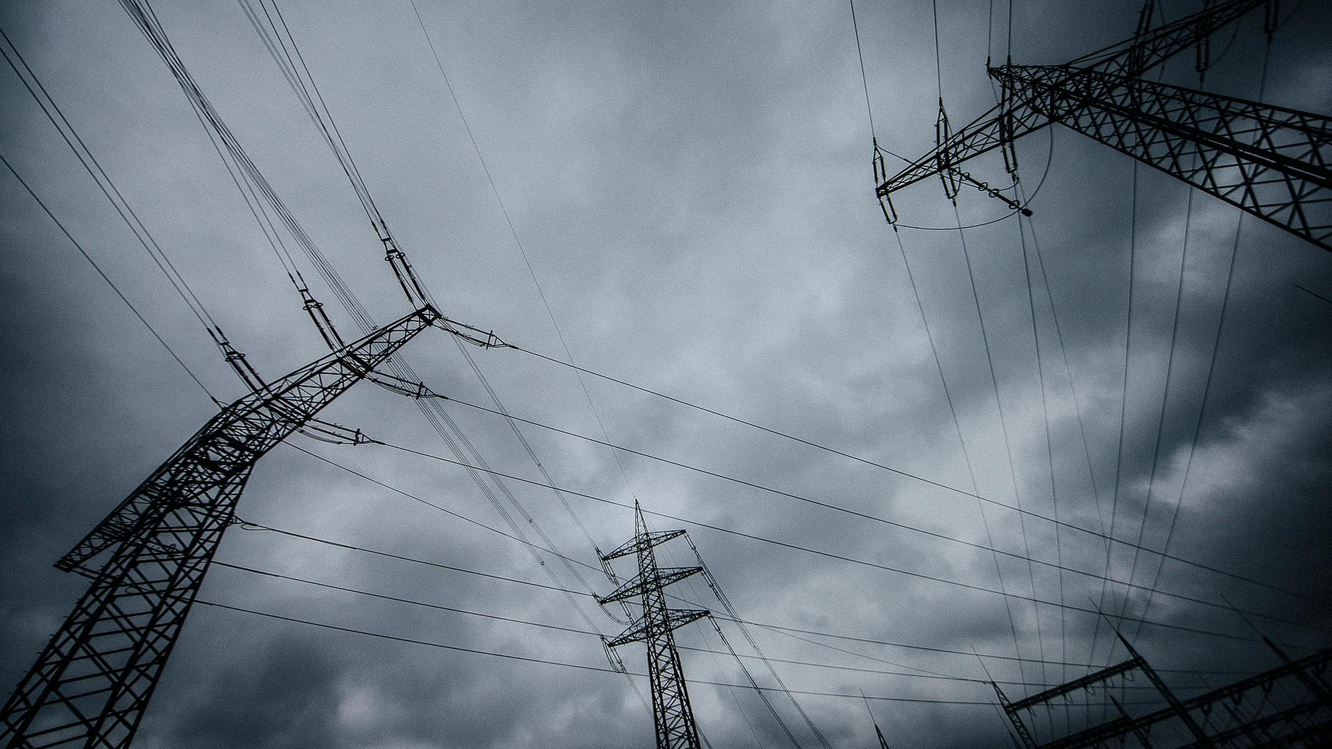 Drei Strommasten stehen unter einem wolkenverhangenen Himmel. | NDR, Julius Matuschik