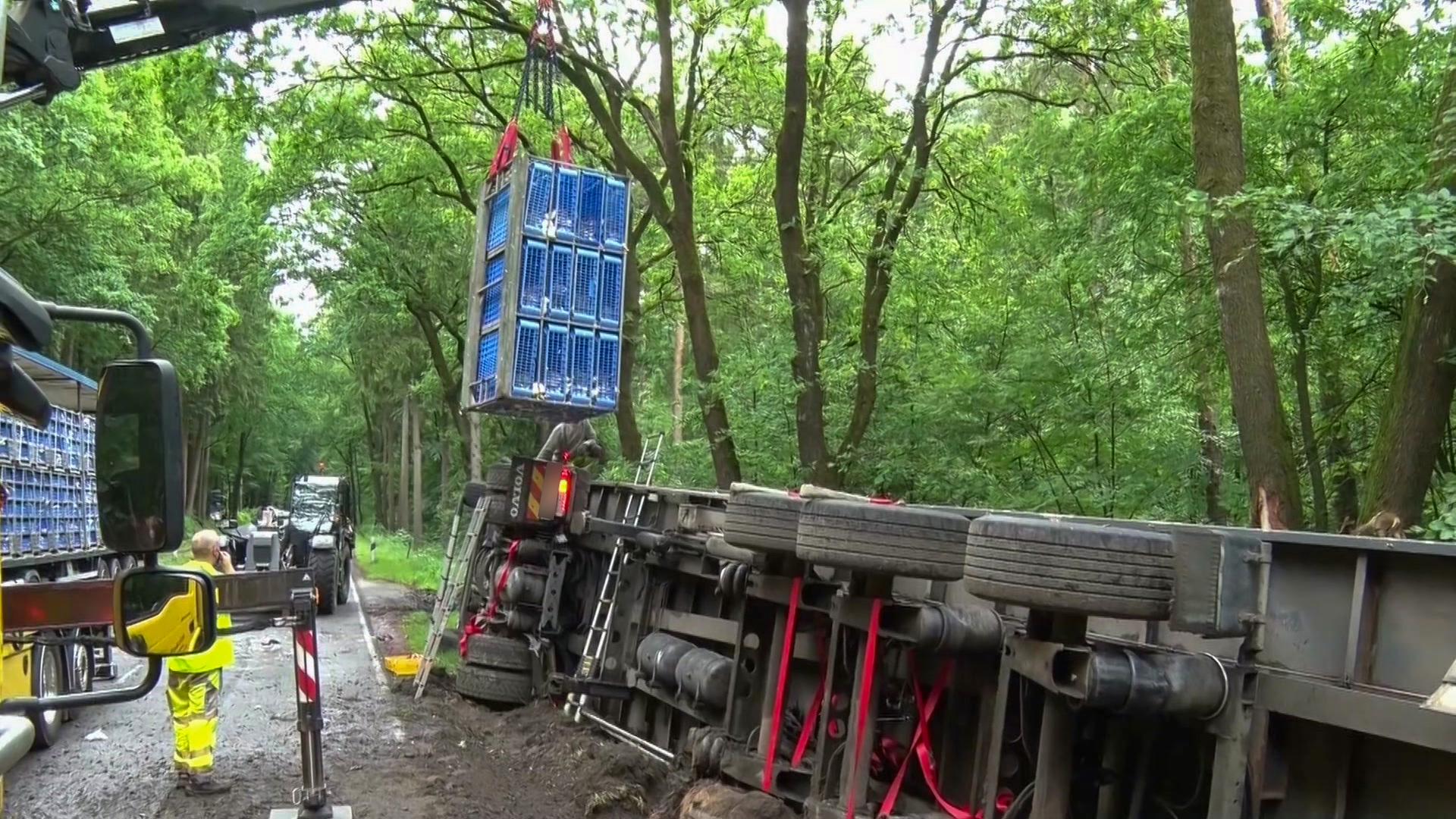 Hühnerkäfige werden nach einem Unfall mit einem Kran von einem umgekippten Laster geborgen | Nord-West-Media TV