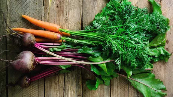 Frische Möhren und rote Beete mit Blattgrün