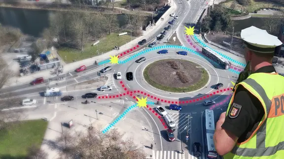 Luftaufnahme des Kreisverehrs mit bunten grafischen Strichellinien und gelben Sternen, die Unfallsituationen symbolisieren. Davor von hinten ein Polizist in Warnweste, der auf das Bild schaut.