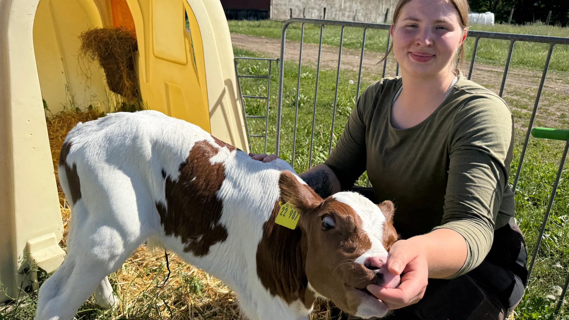 Tierwirtin Jette Thees mit einem Kalb. | Franziska Drewes