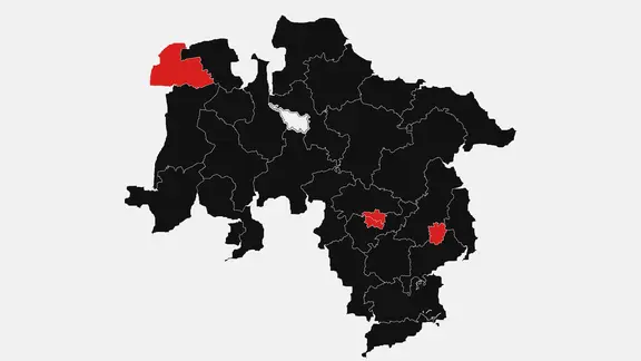 Eine Karte zeigt die stärkste Kraft der Zweitstimmen bei der Bundestagswahl 2025 in den niedersächsischen Wahlkreisen