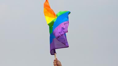 Ein Arm, der eine Fahne mit Regenbogenmuster hält.