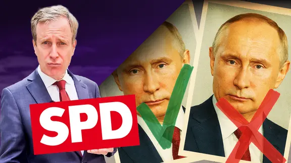 Links im Bild Reporter Nils Holst, davor das SPD-Logo. Rechts zweimal ein identisches Porträtfoto von Wladimir Putin, einmal mit grünem Haken und einmal mit rotem Kreuz. (extra 3 vom 19.06.2025 im Ersten) (Bild hat KI-generierte Elemente)