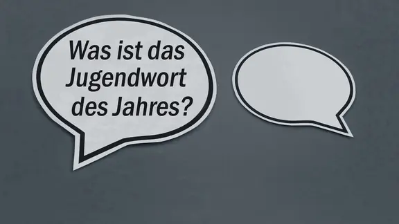 Zwei Sprechblasen von denen eine mit der Frage gefüllt ist "Was ist das Jugendwort des Jahres?" und die andere leer ist
