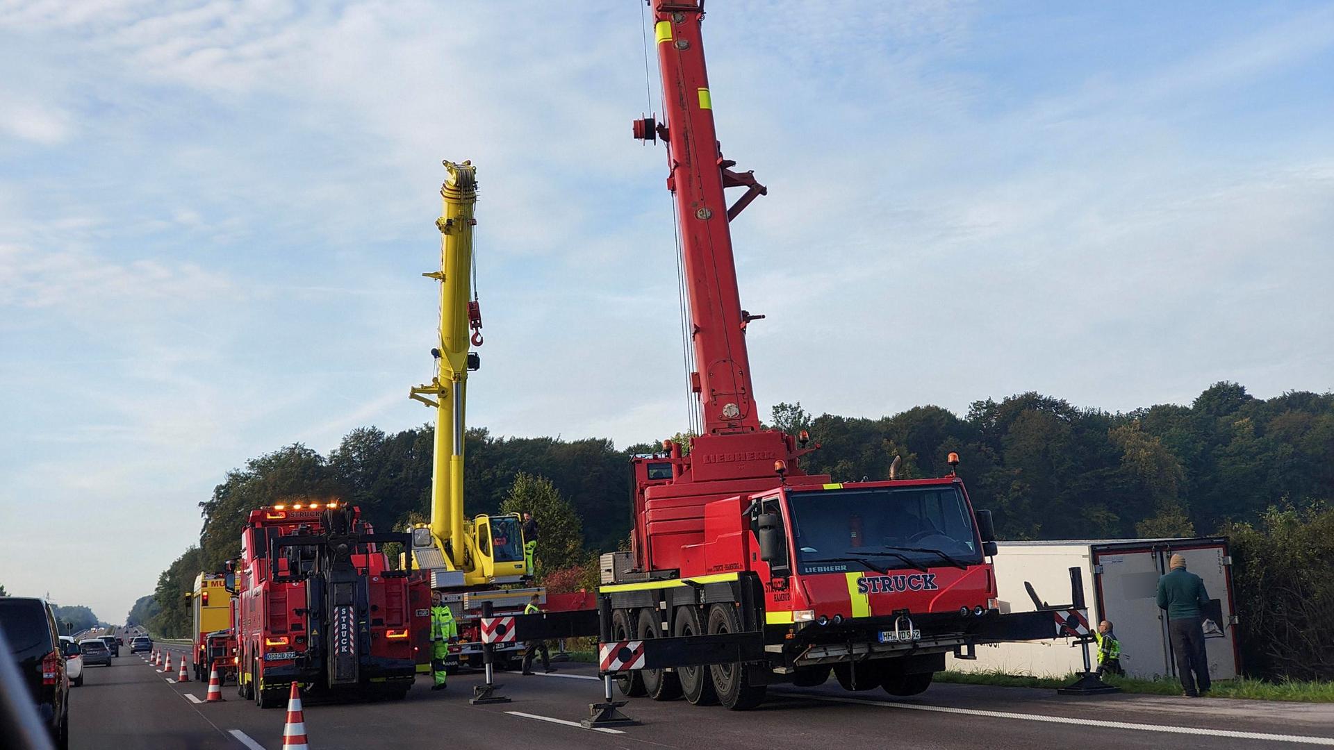 Zwei mobile Kräne bergen einen umgekippten Lkw auf der A1 in Richtung Hamburg. | NDR / Fabian Bock