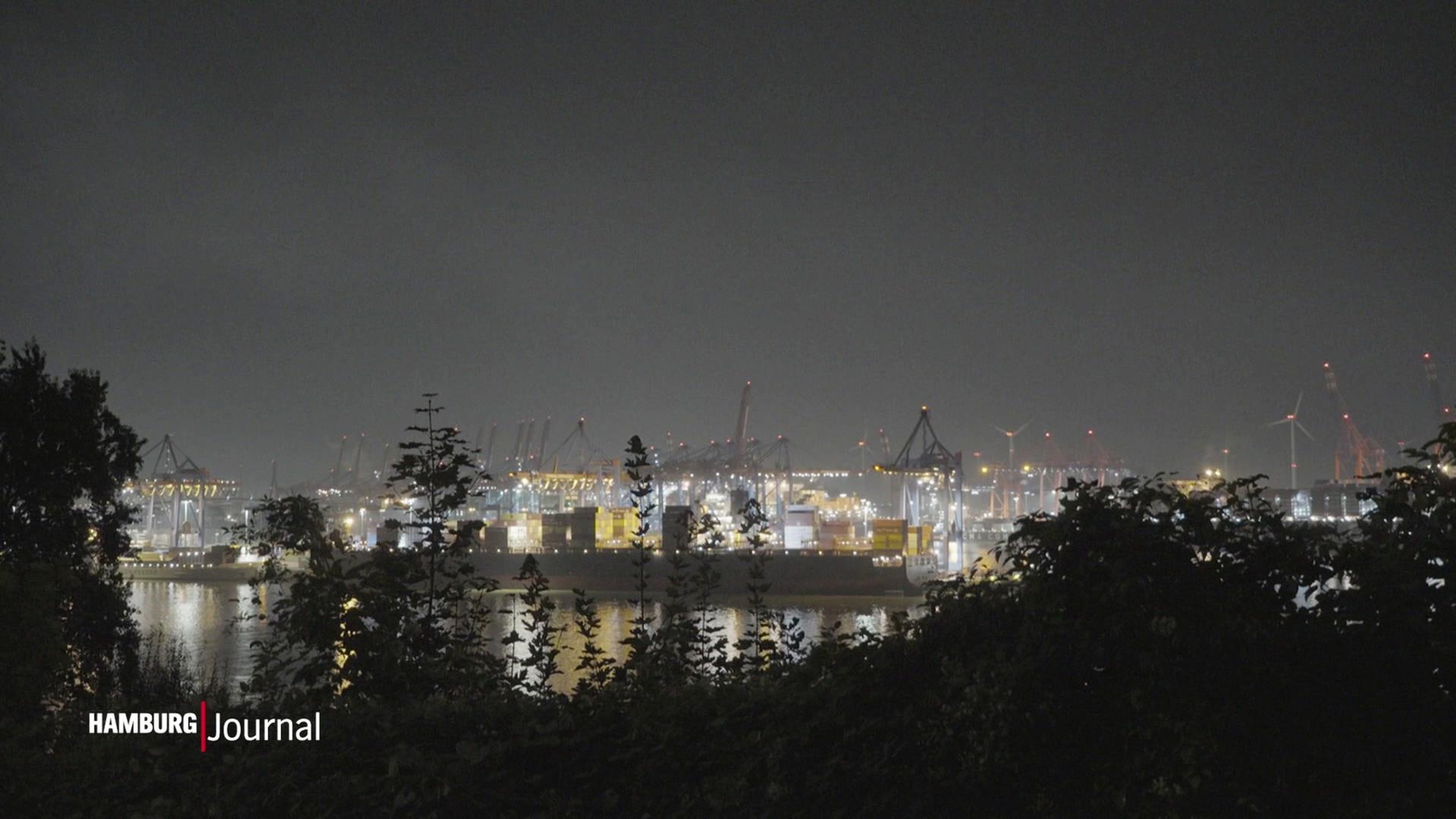 Der beleuchtete Hamburger Hafen bei Nacht. | Screenshot