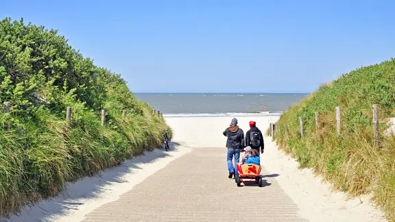Bei schönem Wetter ist der Sandstrand das Ziel Nummer eins für Familien. | imago/blickwinkel/McPhoto, Willy Boyungs Eine Familie zieht mit einem Bollerwagen an den Strand der Insel Baltrum.