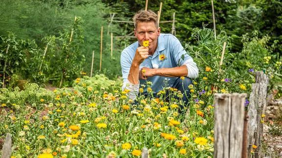 Gärtner Peter Rasch hinter einem Beet mit Ringelblumen.