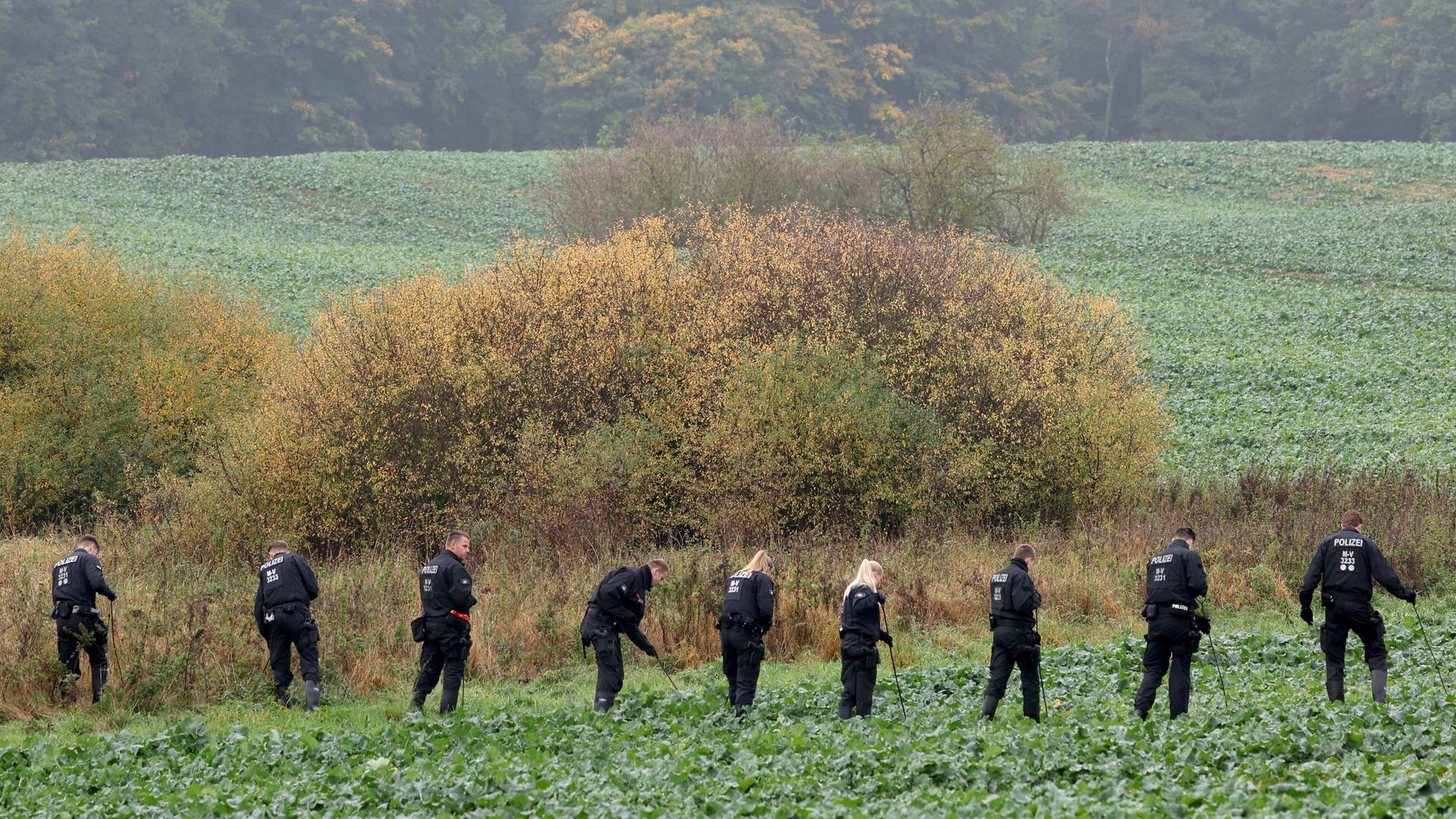 Polizisten durchkÃ¤mmen das Areal um den Fundort einer Kinderleiche. | Bernd WÃ¼stneck/dpa +++ dpa-Bildfunk +++