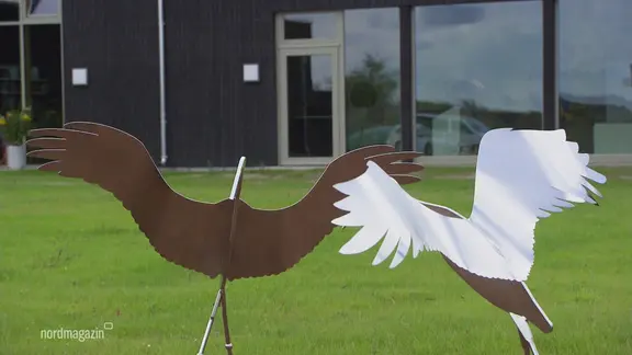 Zwei Kranichskulpturen stehen vor einem Museum.