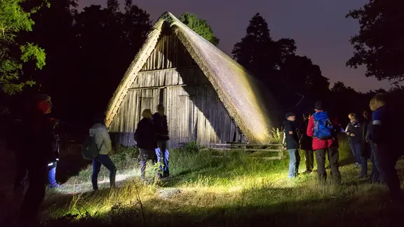 Bei Vollmond-Wanderungen können Besucher die Heide im Dunkeln erkunden. | Picture-Alliance / Dumont Bildarchiv, Gerald Haenel Vollmondwanderung bei Oberhaverbeck in der Lüneburger Heide.