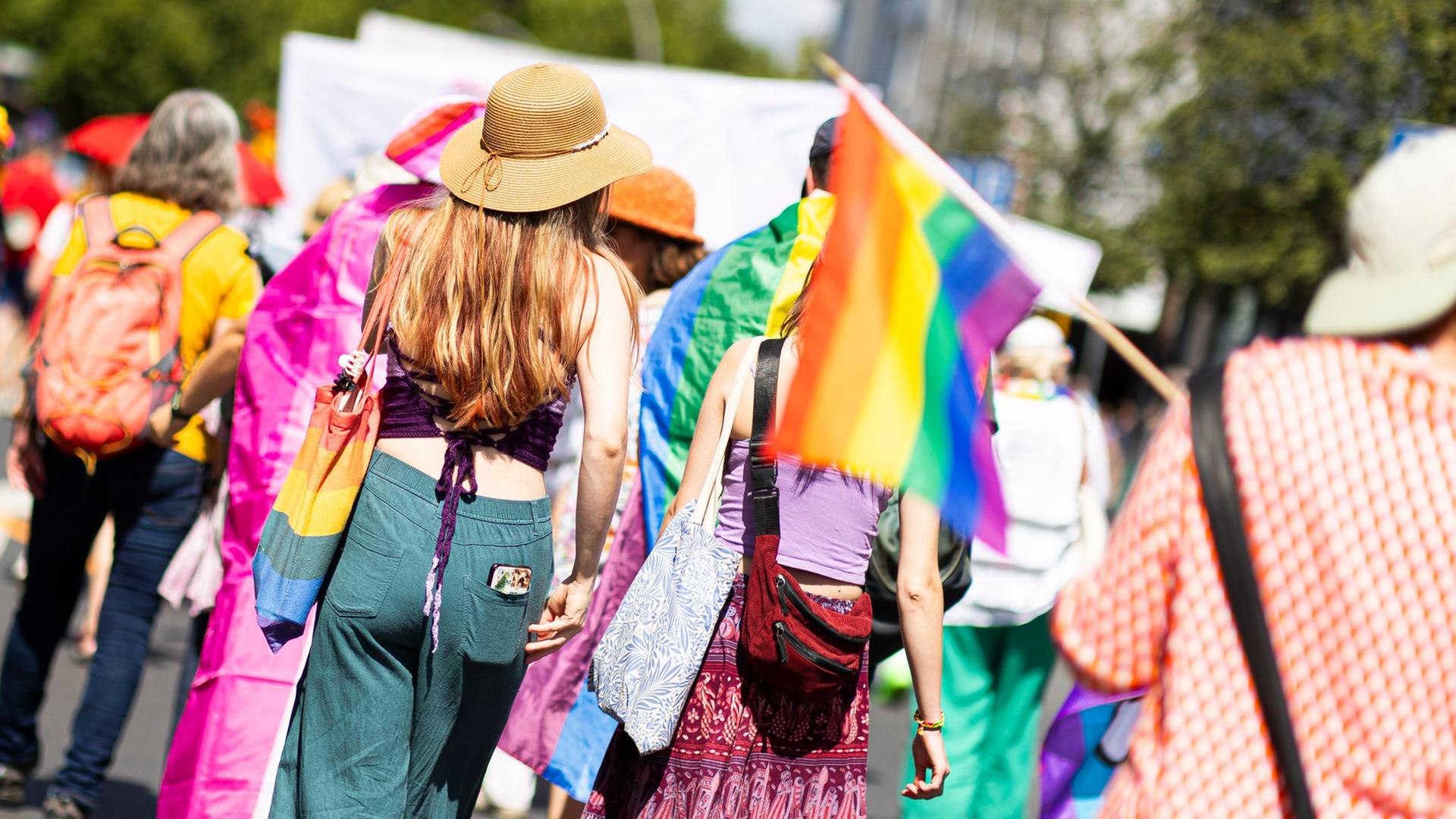 Teilnehmer des Christopher Street Day (CSD) ziehen durch die Braunschweiger Innenstadt. | dpa, Michael Matthey