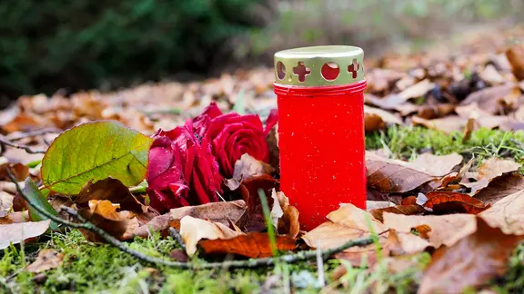 Eine rote Rose liegt im Herbstlaub neben einer roten Grabkerze auf einer Wiese.