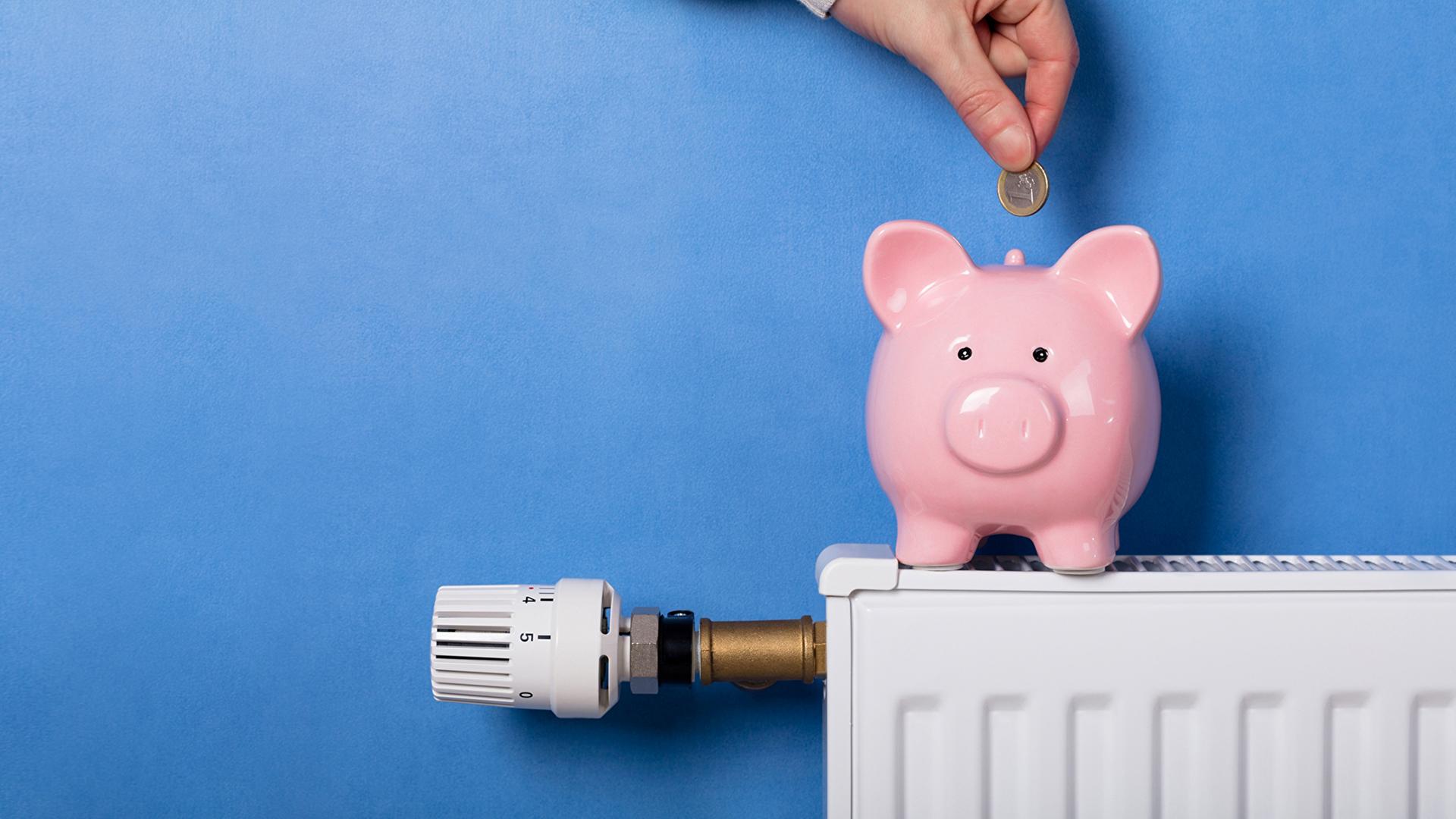 Eine Hand wirft eine Münze in ein rosafarbenes Sparschwein, das auf einer Heizung steht. | Panthermedia, AndreyPopov