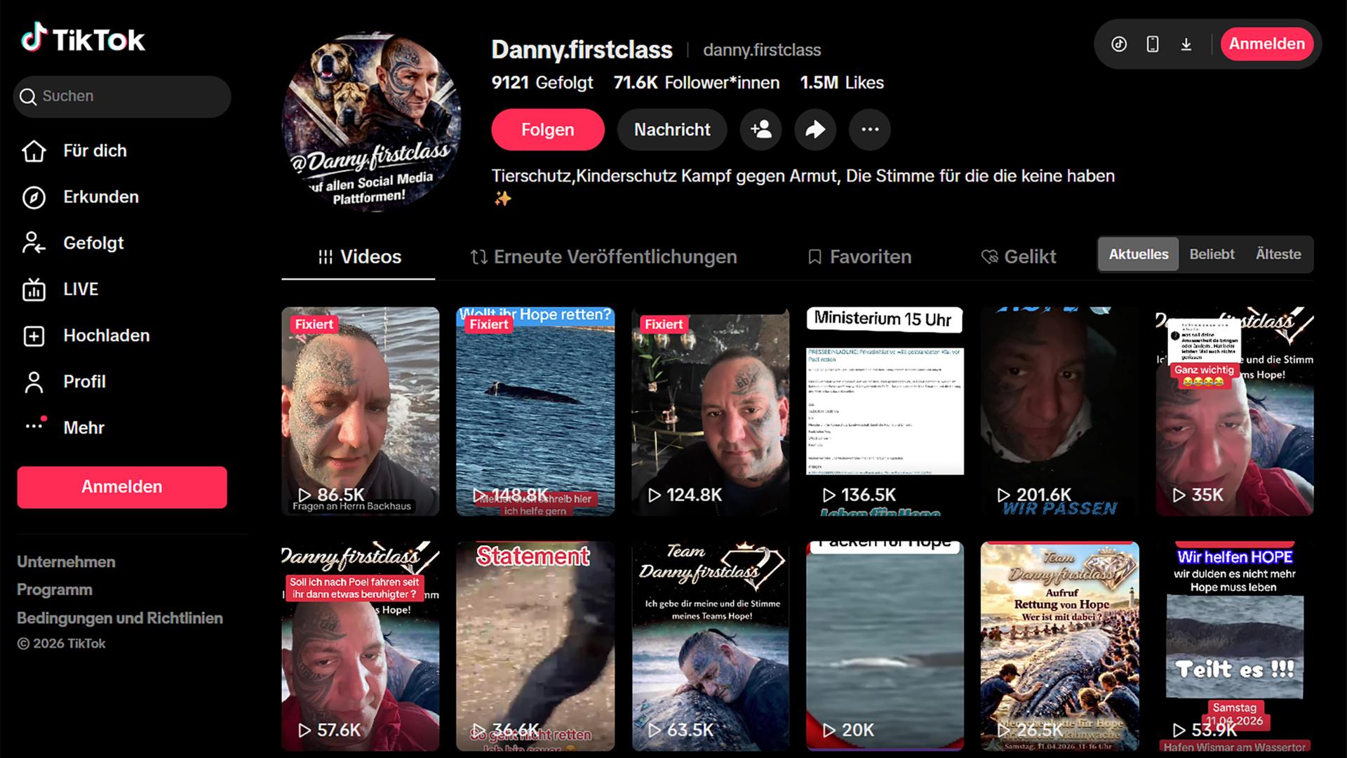 Screenshot der Webansicht eines TikTok-Profils im Darkmode | NDR