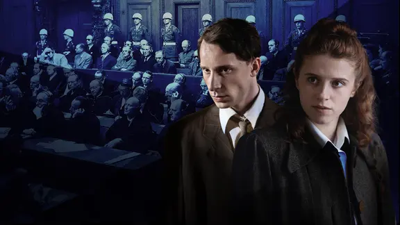 Collage: Jonathan Berlin, Katharina Stark und der Sitzungssaal der Nürnberger Prozesse.