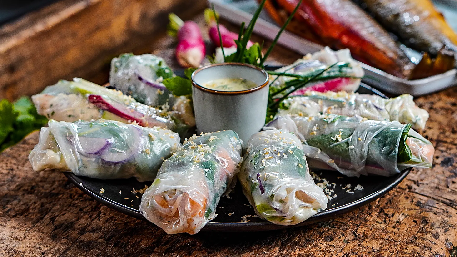Summer rolls with smoked fish and mustard-dill dip