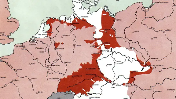Ausschnitt der Europa-Karte vom 1. Mai 1945 aus dem "Atlas of the World Battle Fronts in Semimonthly Phases" des United States War Department, 1945, der die Gebietslage in zweiwöchigen Abständen dokumentiert.