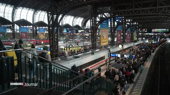 Viele Personen stehen an den Bahngleisen im Hamburger Hauptbahnhof. | Screenshot Viele Personen stehen an den Bahngleisen im Hamburger Hauptbahnhof.