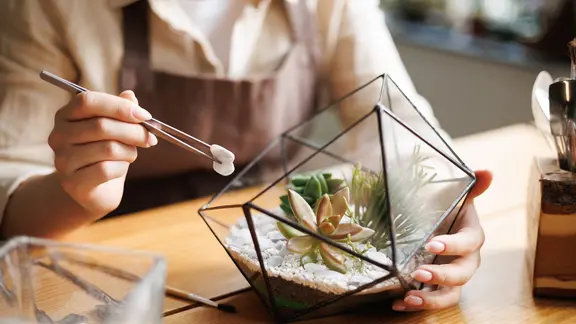 Wer gern kreativ ist, bastelt für Familie oder Freunde einen Flaschengarten. | IMAGO / Pond5 Images Jemand bestückt mit einer Pinzette einen Flaschengarten