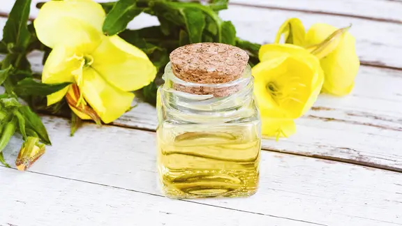 Ätherisches Öl der Nachtkerze in Glasflasche und gelbe Blumen auf weißem Tisch
