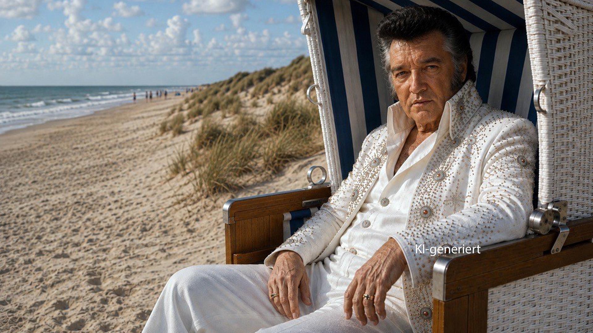 KI-generiertes Bild: Ein wie ein alter Elvis Presley aussehender Mann in einem Strandkorb am Meer | NDR.de / KI-generiertes Bild