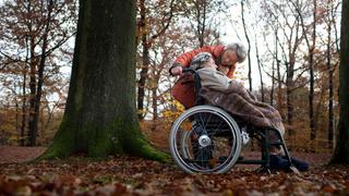 Tochter mit ihrer 94-jährigen Mutter in einem Wald.