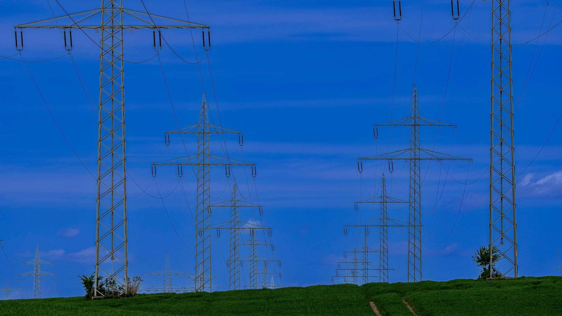 Strommasten mit Hochspannungsleitungen stehen auf einem Acker. | picture alliance / imageBROKER | Norbert Neetz