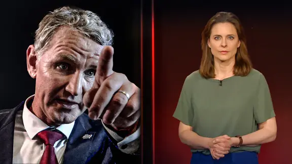 Kathrin Drehkopf steht im Zapp-Studio. Ein Bild von Björn Höcke ist neben ihr zu sehen.