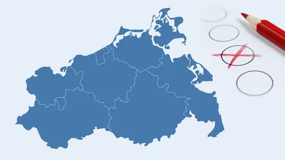 Landkarte von Mecklenburg-Vorpommern und Wahlzettel mit Stift. (Bildmontage)