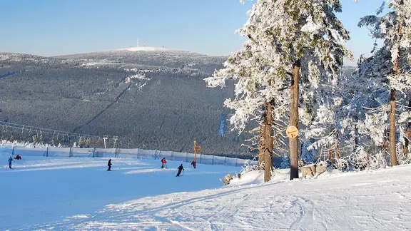 Nordhang des Skigebiets am Wurmberg mit Blick zum Brocken
