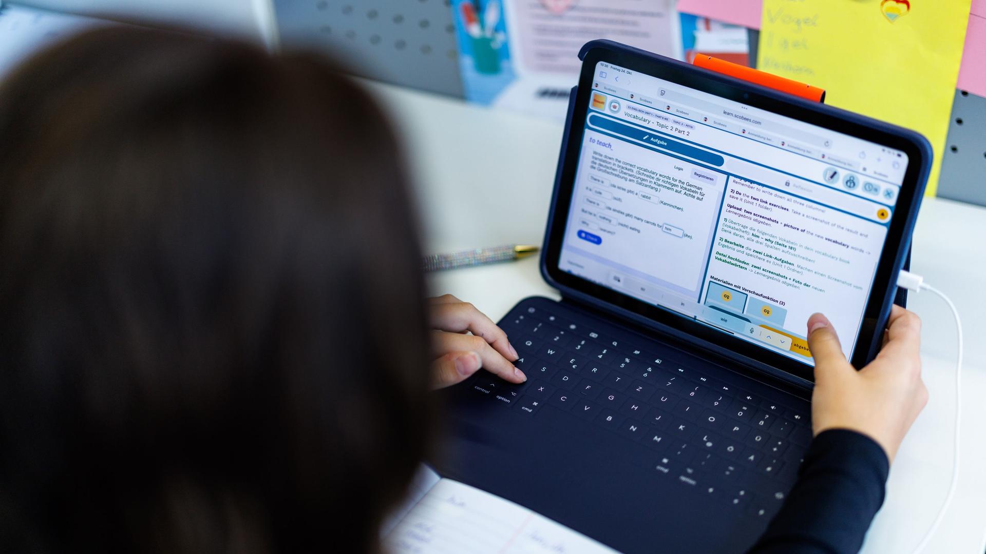 Eine Schülerin arbeitet an einem Notebook. | dpa, Matthias Balk