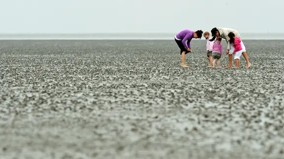 Nordseeurlauber im Wattenmeer vor Sahlenburg in Cuxhaven.