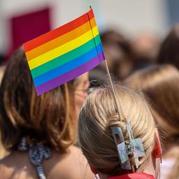 Eine Teilnehmerin trägt eine Regenbogenfahne im Haar bei einem Umzug zum Christopher Street Day (CSD).