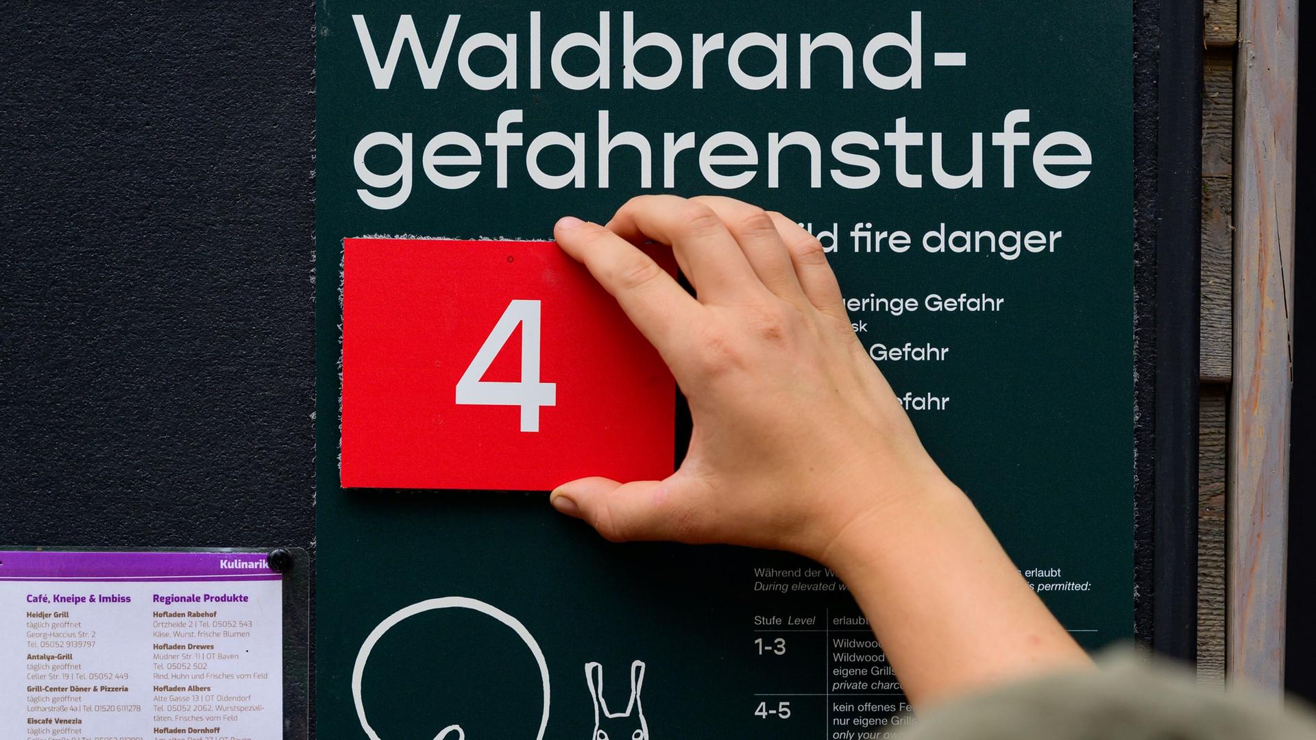 Ein Schild in einem Wald zeigt Waldbrandstufe 4 an. | picture alliance/dpa-Bildfunk, Philipp Schulze