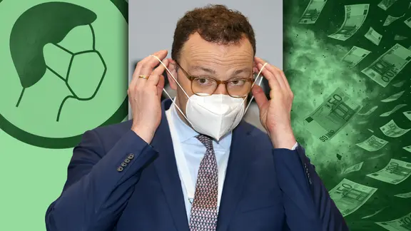 In der Bildmitte, Union-Fraktionschef und Ex-Gesundheitsminister Jens Spahn zieht eine FFP2-Maske übers Gesicht. (extra 3 vom 19.06.2025 im Ersten) (Bild hat KI-generierte Elemente)