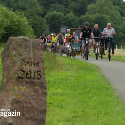 Eine große Gruppe von Menschen fahren gemeinsam Fahrrad.