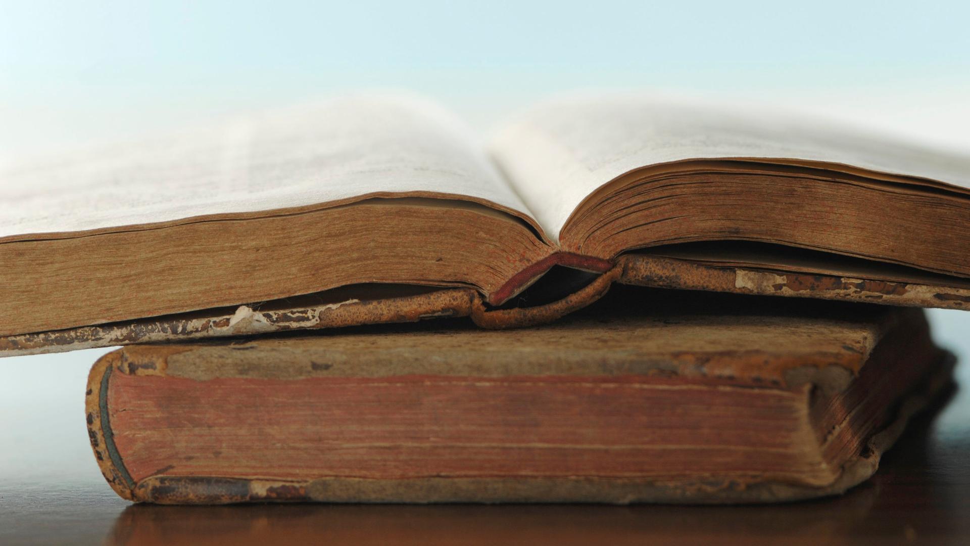 Ein altes Buch liegt aufgeklappt auf einem Tisch. | picture alliance / Westend61 | Westend61 / Achim Sass
