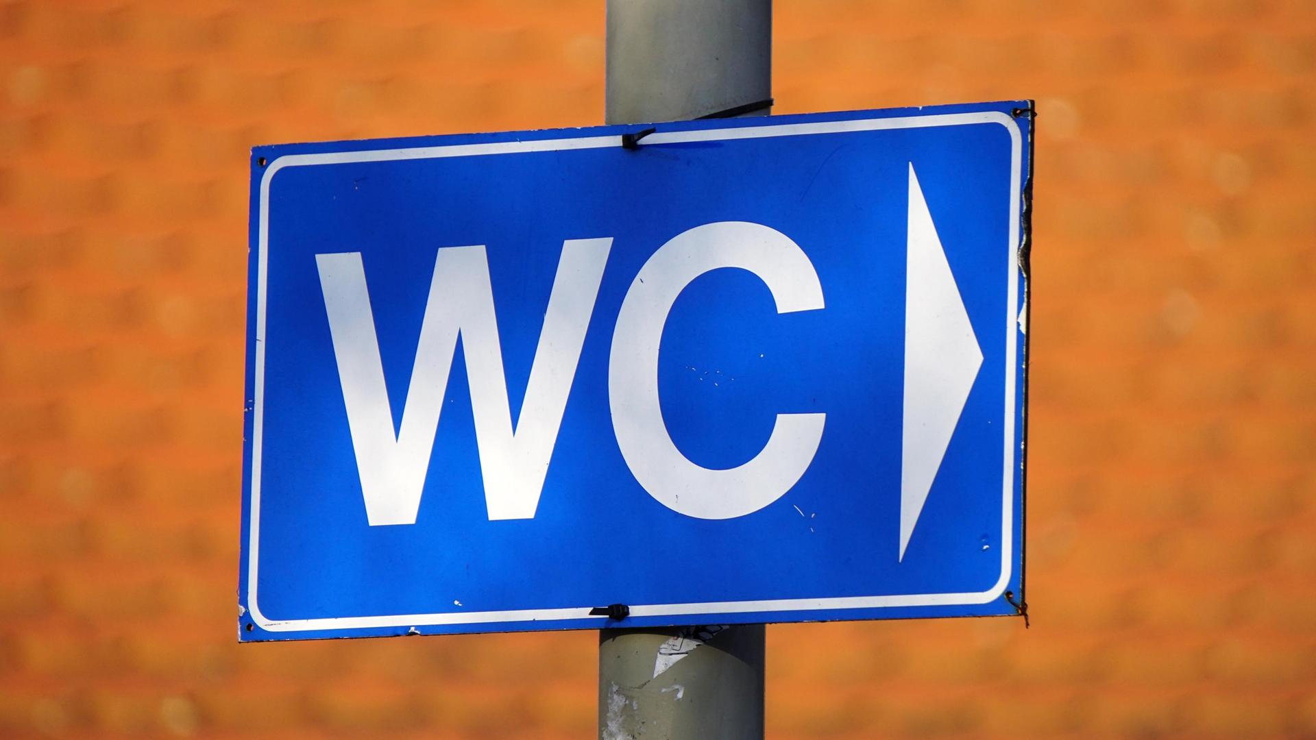 Ein blaues Schild mit Pfeil verweist auf sanitäre Anlagen. | picture alliance / CHROMORANGE | Elke Münzel