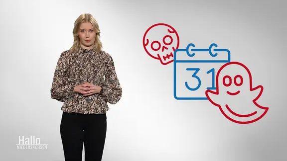 Lisa MArie Simmack argumentiert vor einem weißen Hintergrund. Neben ihr werden Animationen zum Thema Halloween eingeblendet. | Screenshot Lisa MArie Simmack argumentiert vor einem weißen Hintergrund. Neben ihr werden Animationen zum Thema Halloween eingeblendet.