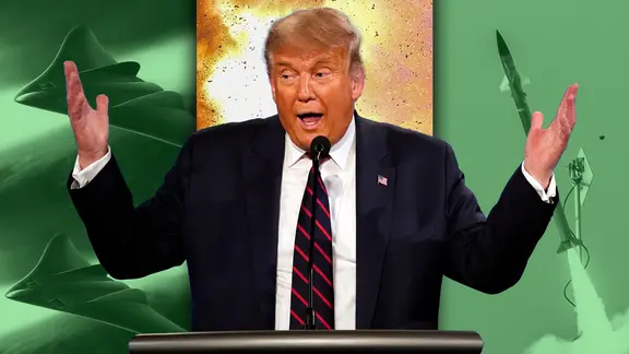 US-Präsident Donald Trump bei einer Rede. Im Hintergrund ein Bomber, eine Rakete und eine Explosion.  (extra 3 vom 26.06.2025 im Ersten) (Bild hat KI-generierte Elemente)