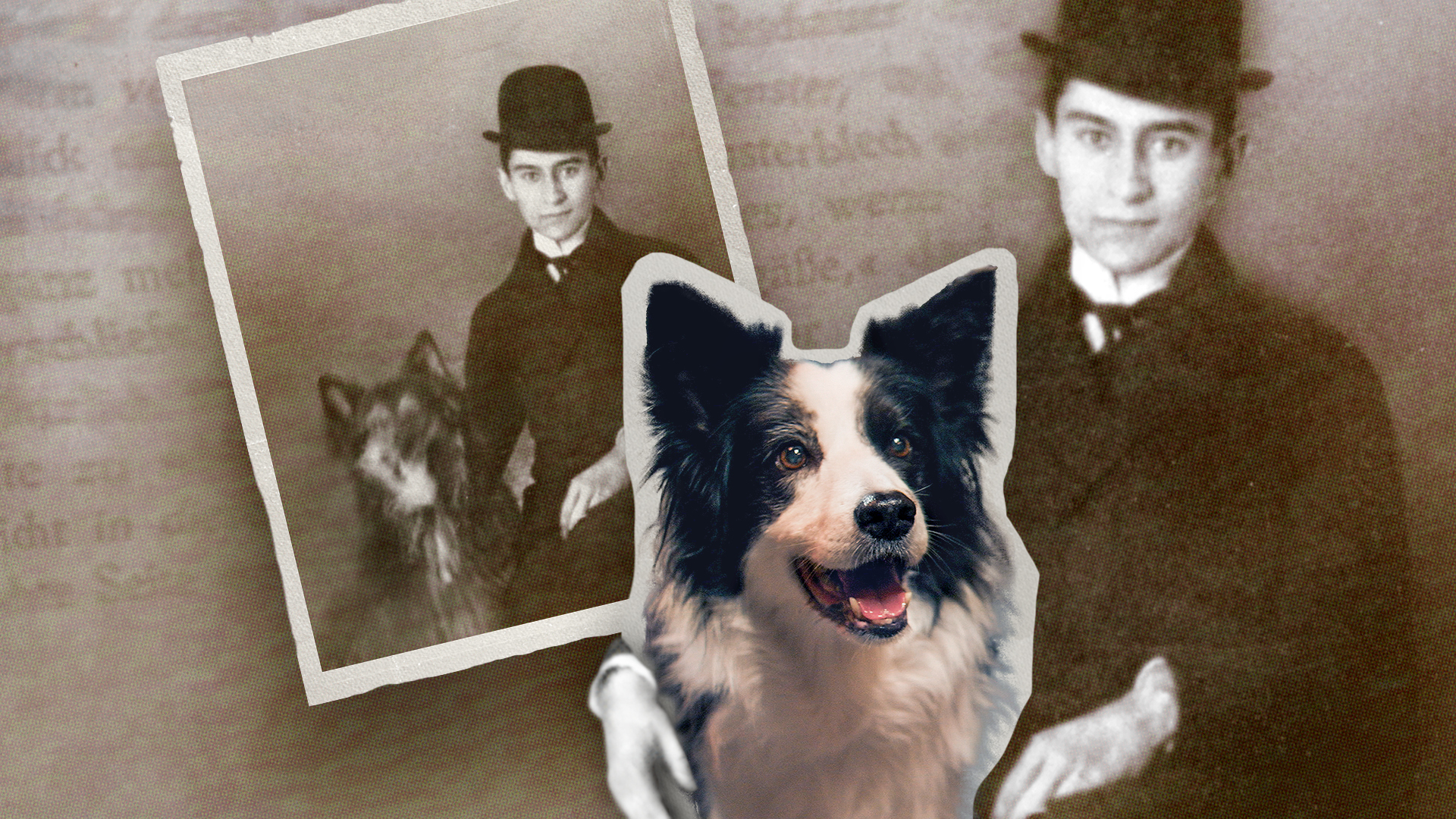 Eine Collage zeigt Franz Kafka und einen Hund.