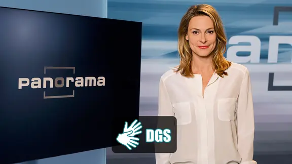 Sendungsbild von Panorama mit dem DGS Logo und Anja Reschke.