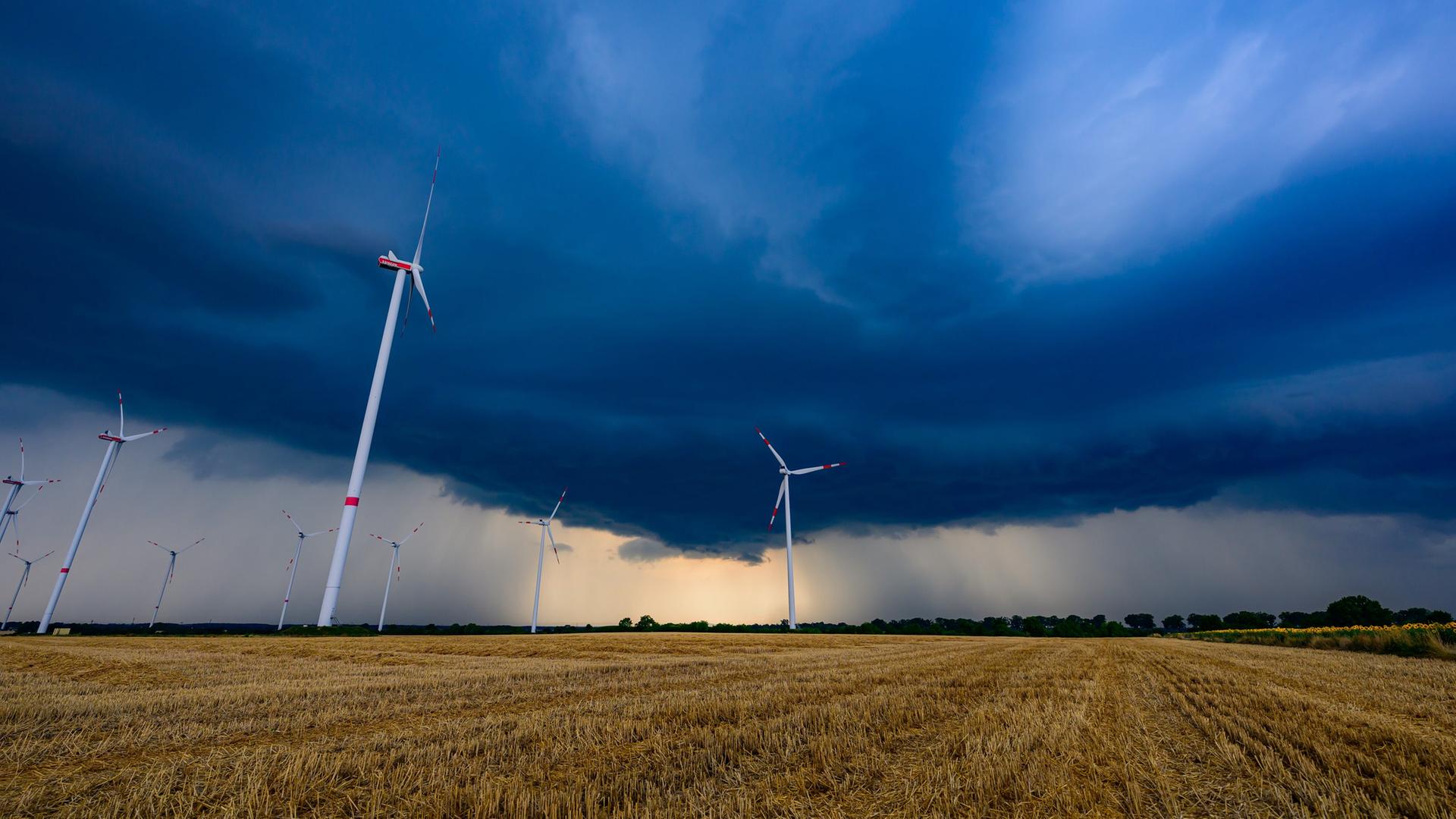 Mehrere Windkraftanlagen stehen auf einem abgeernteten Stoppelfeld unter einer herannahenden Gewitterfront.  | picture alliance/dpa | Patrick Pleul